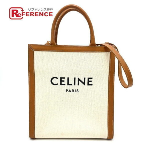 Celine Vertical Cabas Tote Shoulder Bag Leather Canvas Tan - Picture 1 of 9